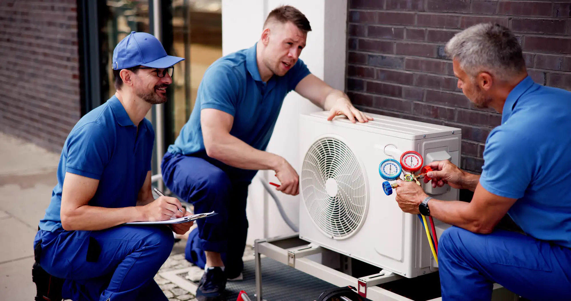 Three HVAC technicians in blue uniforms work together on an outdoor air conditioning unit in Bexar County, TX; one takes notes while the others check gauges and discuss potential AC replacement solutions.