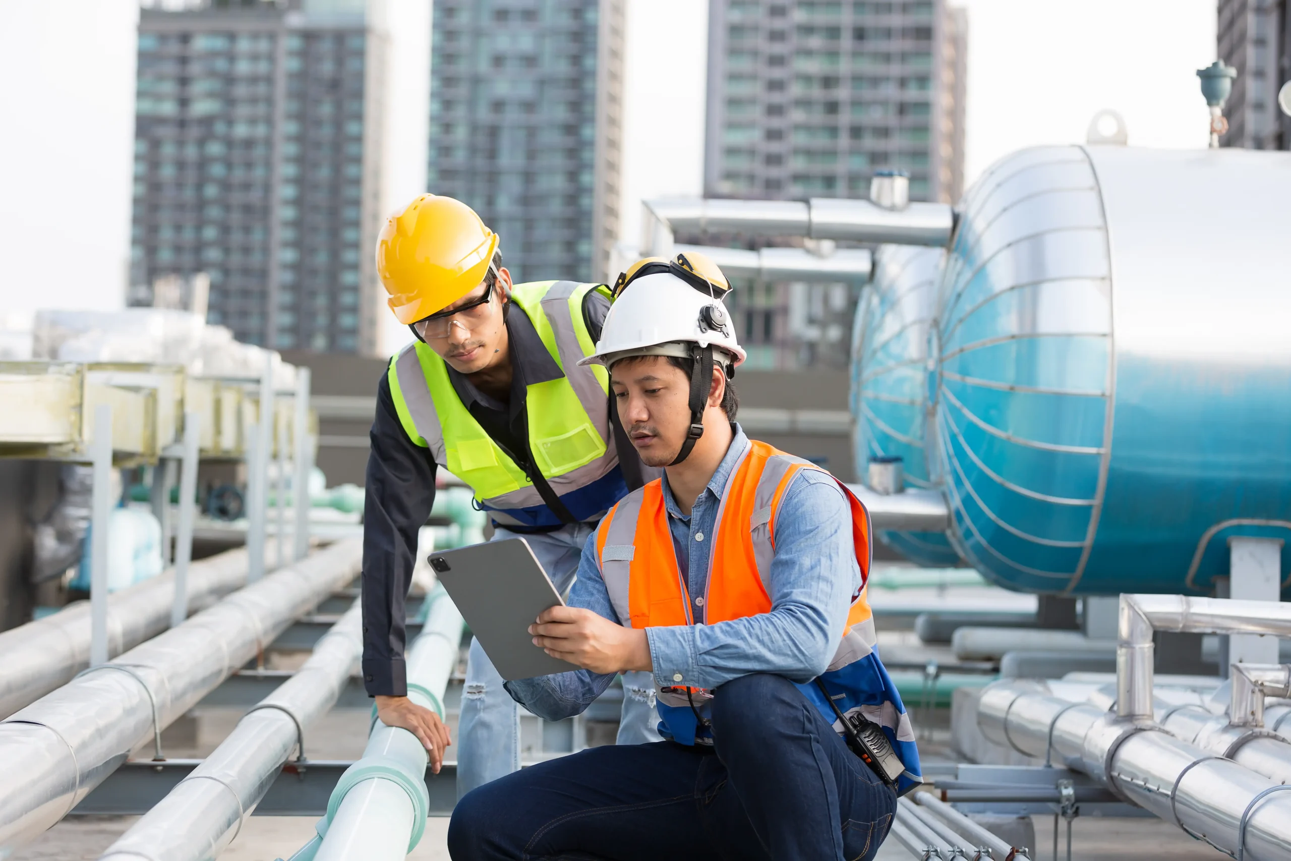Two industrial engineers in safety helmets and vests work on a rooftop among pipes and equipment in Bexar County, TX. One holds a tablet while the other observes, likely assessing an AC replacement project with city buildings in the background.