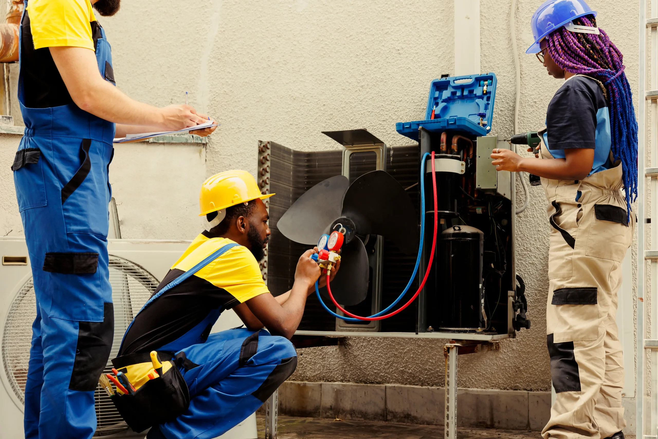 Three HVAC technicians in safety helmets and uniforms inspect and repair an outdoor AC unit in TX, using gauges and tools, while one takes notes on a clipboard—typical of professional ac replacement Bexar County services.